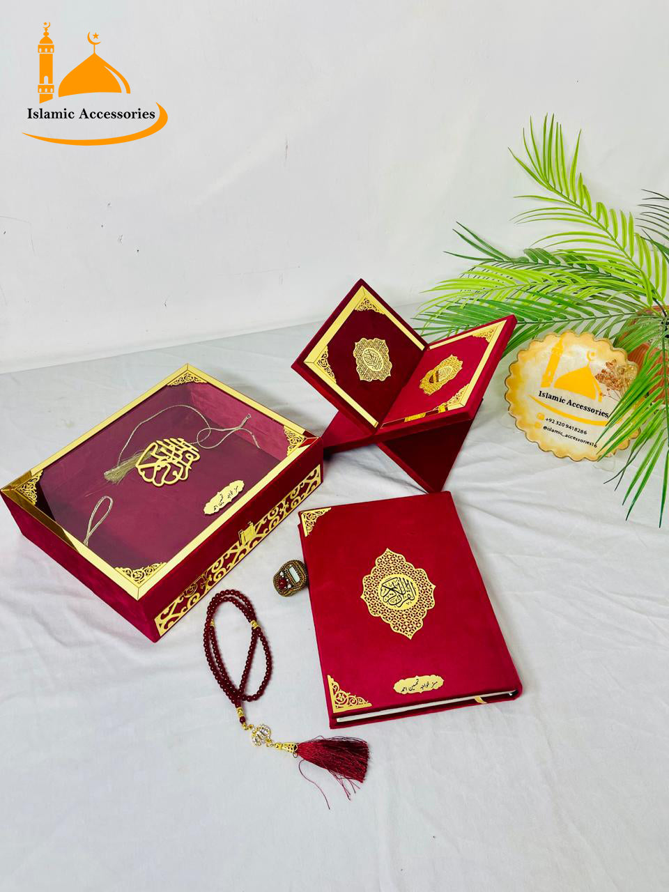 Elegant Quran Gift Set - VelvetCover Quran Pak with Rehal, Acrylic Box, Digital Tasbeeh & Bookmark