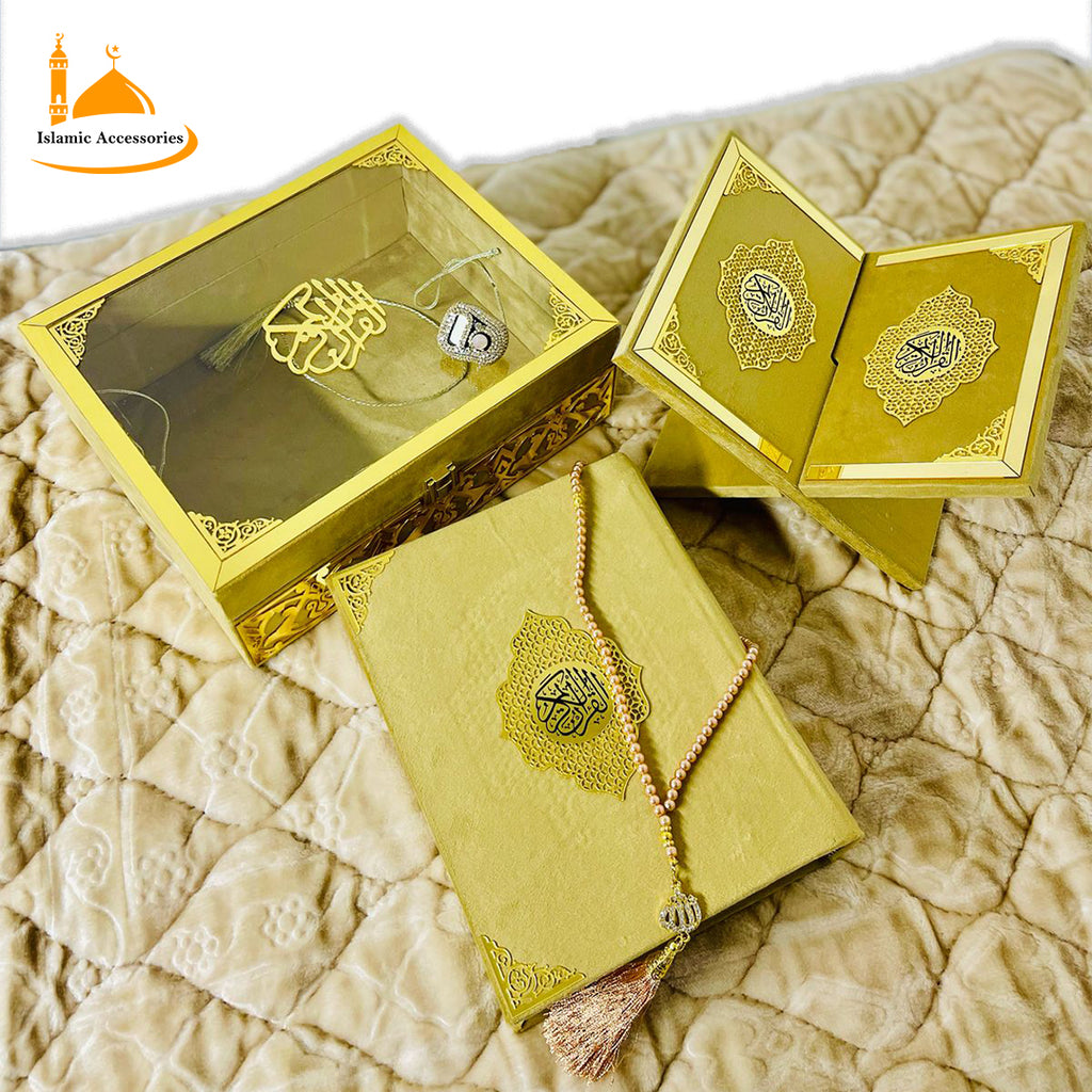 Elegant Quran Gift Set - VelvetCover Quran Pak with Rehal, Acrylic Box, Digital Tasbeeh & Bookmark