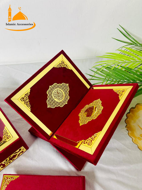 Elegant Quran Gift Set - VelvetCover Quran Pak with Rehal, Acrylic Box, Digital Tasbeeh & Bookmark