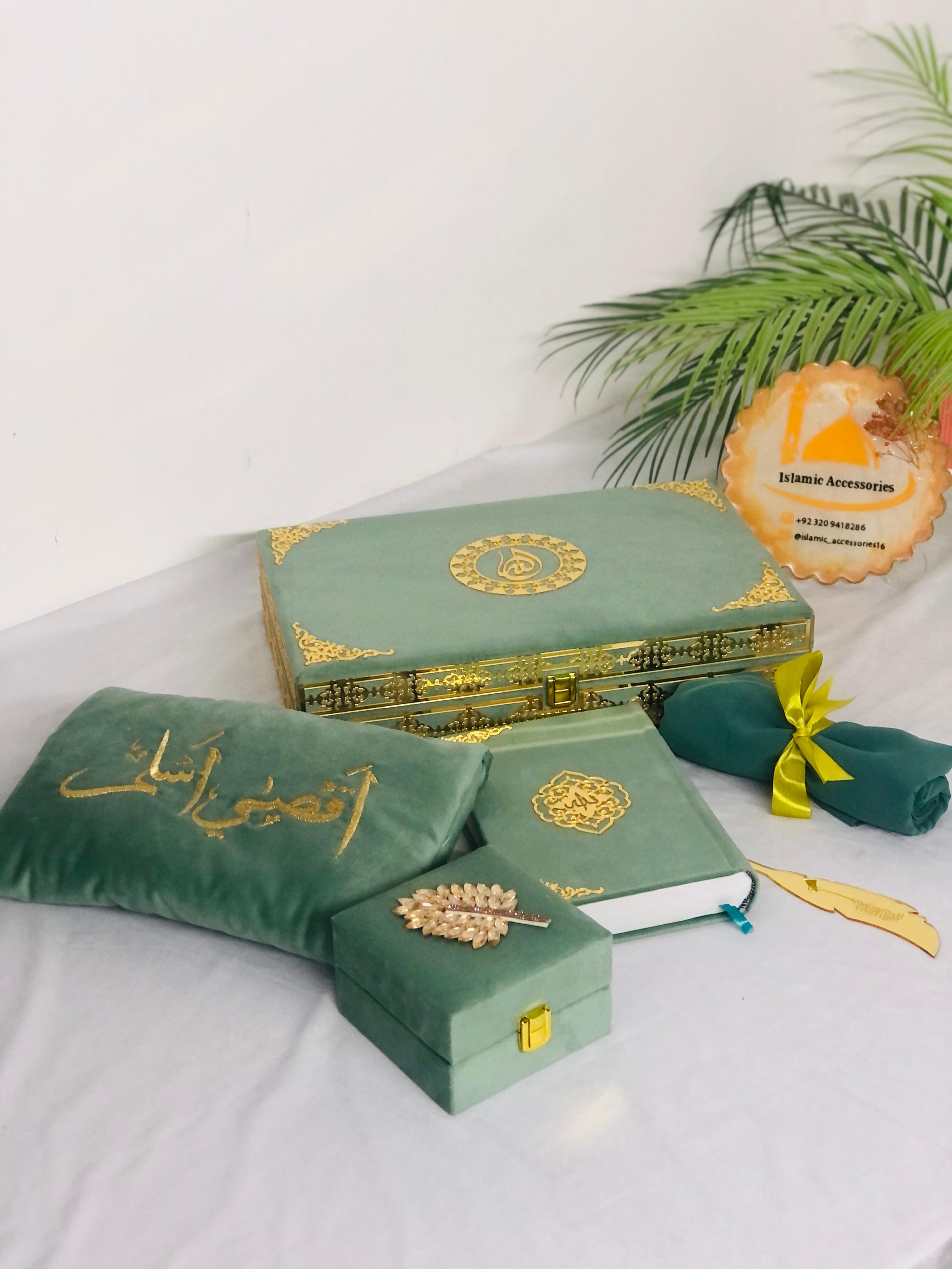 Premium Quran Gift Set - Velvet Quran, Quran Box, Quilted Cover, Hijab Stoller & Tasbeeh Set