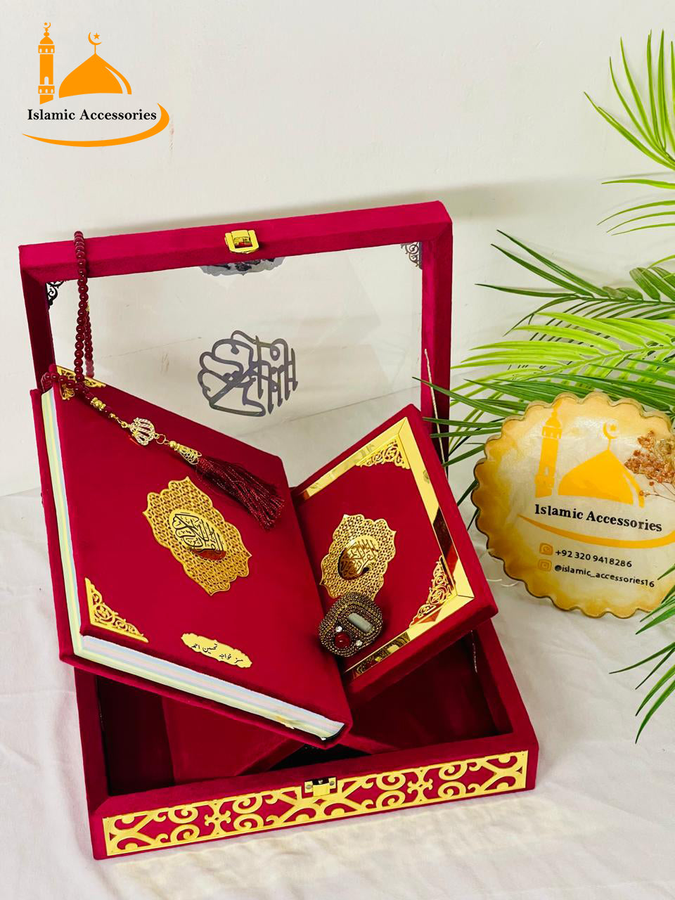 Elegant Quran Gift Set - VelvetCover Quran Pak with Rehal, Acrylic Box, Digital Tasbeeh & Bookmark