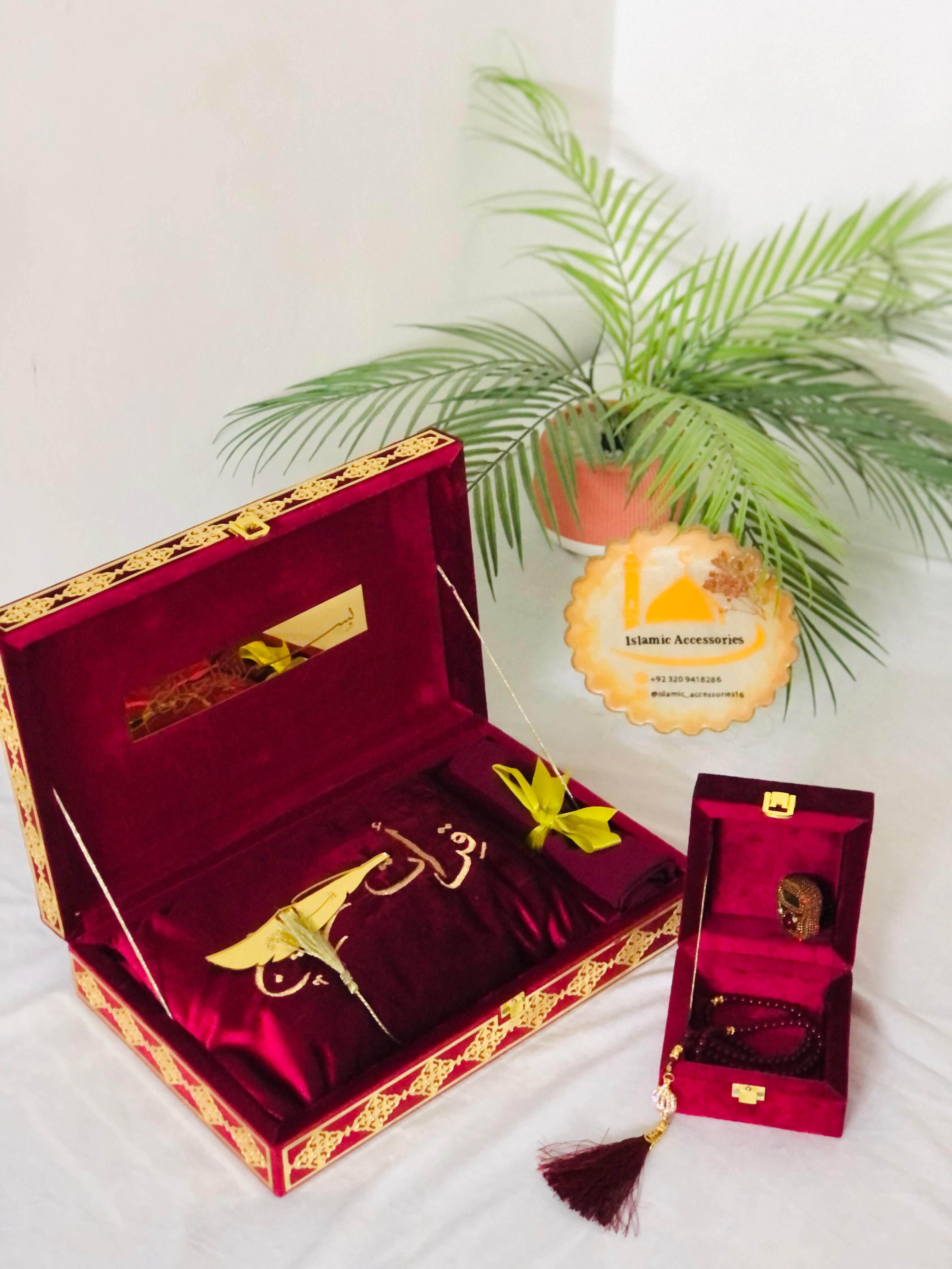 Premium Quran Gift Set - Velvet Quran, Quran Box, Quilted Cover, Hijab Stoller & Tasbeeh Set