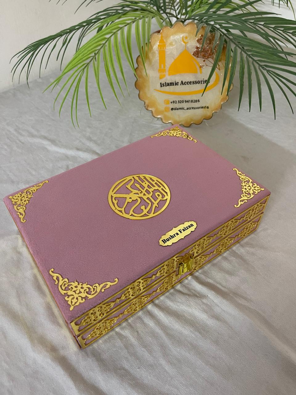 Beautiful Personalized Quran Gift Set - Premium Velvet Box with Quran Pak, Panj Surah, Tasbeeh & Bookmark