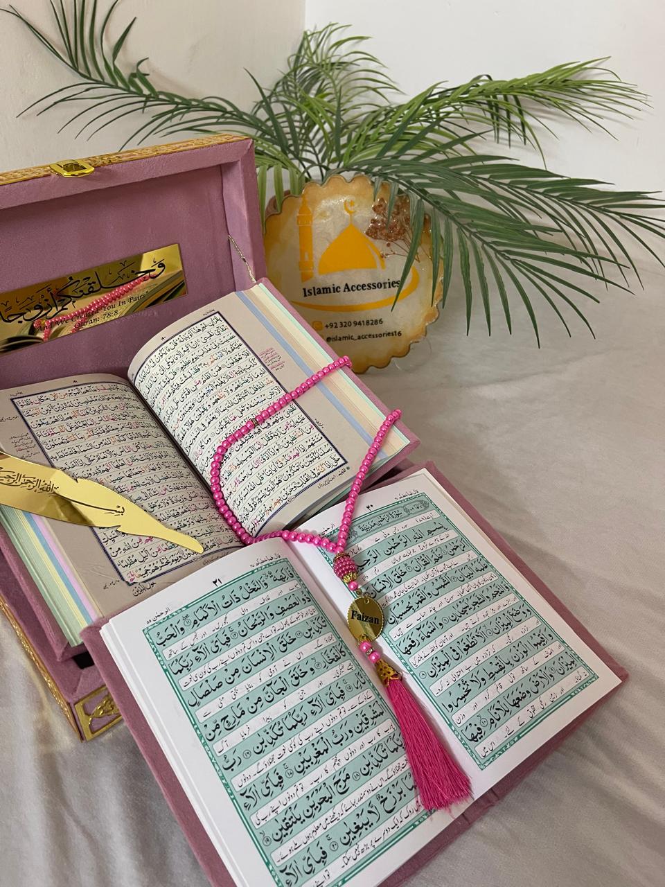 Beautiful Personalized Quran Gift Set - Premium Velvet Box with Quran Pak, Panj Surah, Tasbeeh & Bookmark