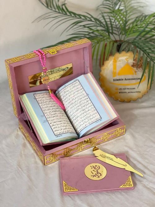 Beautiful Personalized Quran Gift Set - Premium Velvet Box with Quran Pak, Panj Surah, Tasbeeh & Bookmark