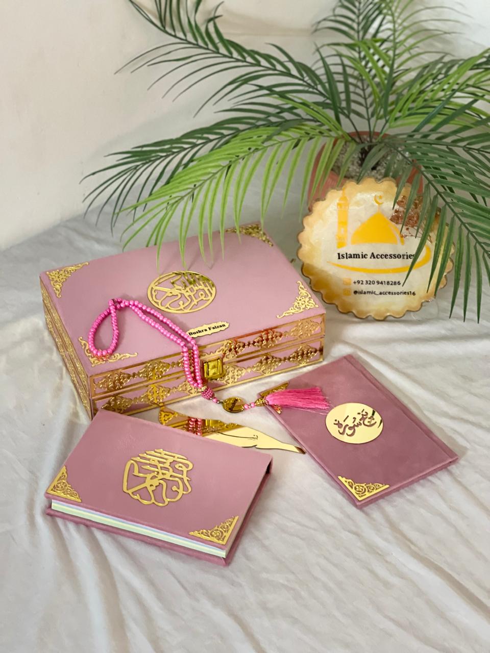 Beautiful Personalized Quran Gift Set - Premium Velvet Box with Quran Pak, Panj Surah, Tasbeeh & Bookmark