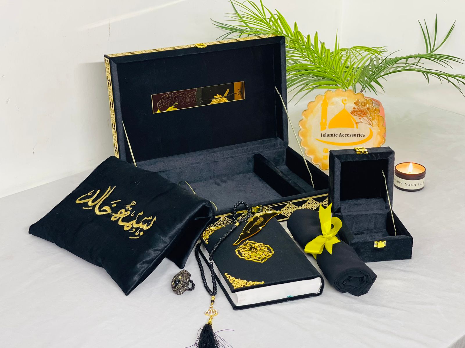 Premium Quran Gift Set - Velvet Quran, Quran Box, Quilted Cover, Hijab Stoller & Tasbeeh Set